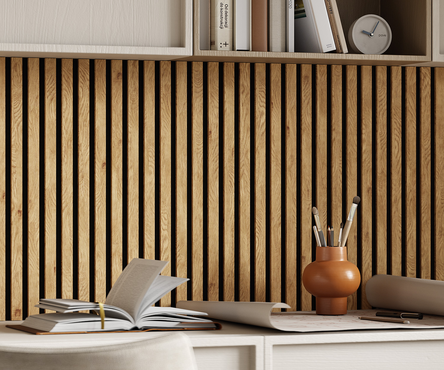 МДФ стеновая панель акустическая Cosca Decor Сканди Дуб Медный черный войлок 1200×600×19 фото в интерьере